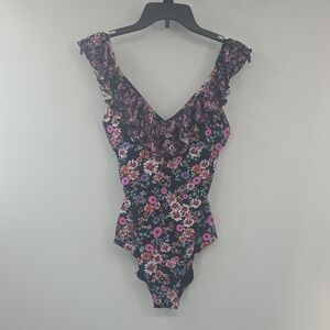 Jessica Simpson Black Floral Ruffle V-Neck One Piece Bathing Suit